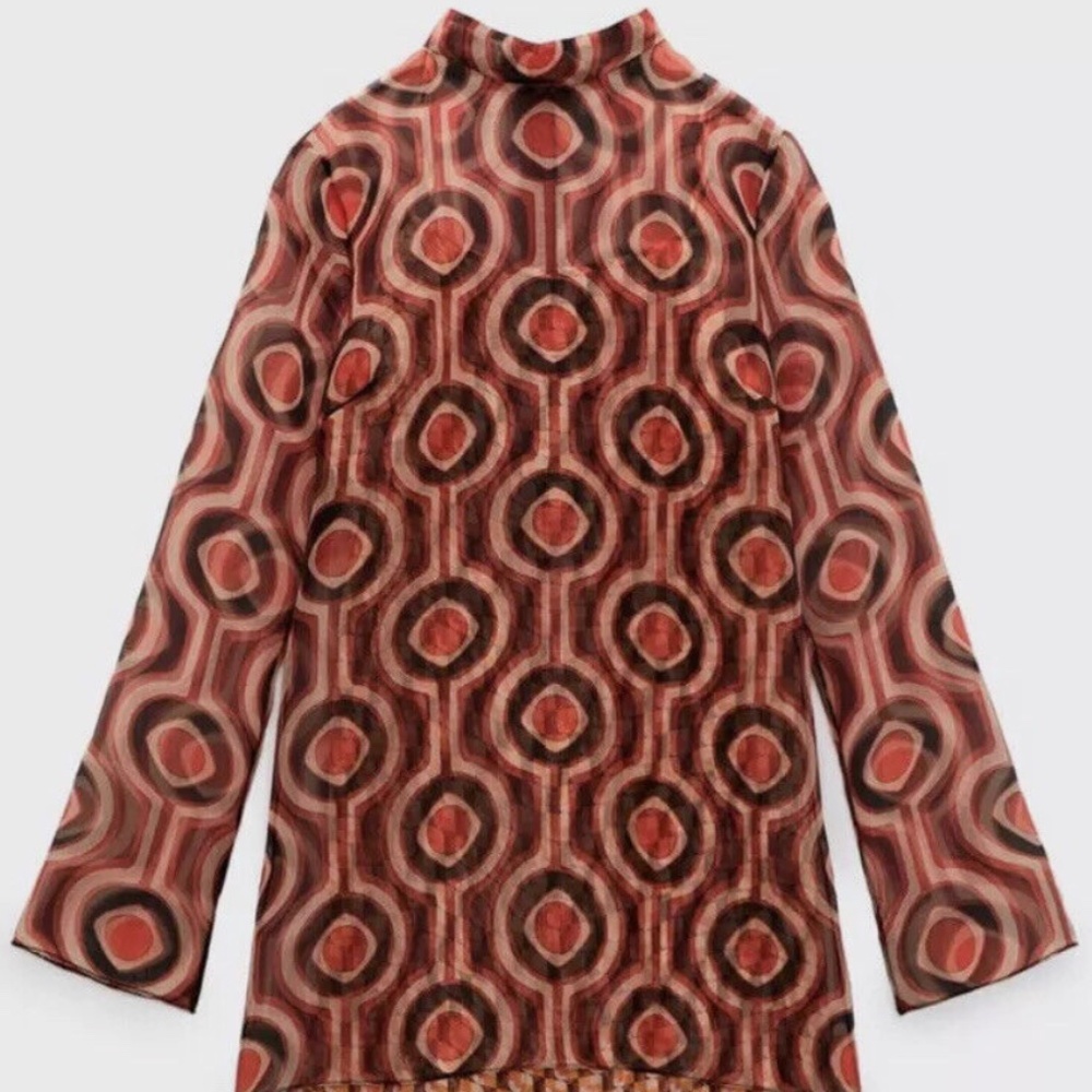 Zara Groovy Retro Orange Geometric Printed Organza Long Sleeve Mini